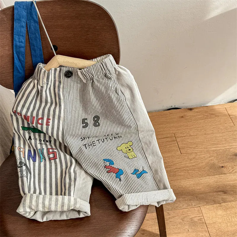 ロングパンツ・スウェットパンツ Gray / 12M  80CM キッズパンツ ストライプお絵描きプリントパッチワークワイドルーズハーレムパンツ 2カラー【mh0006848】