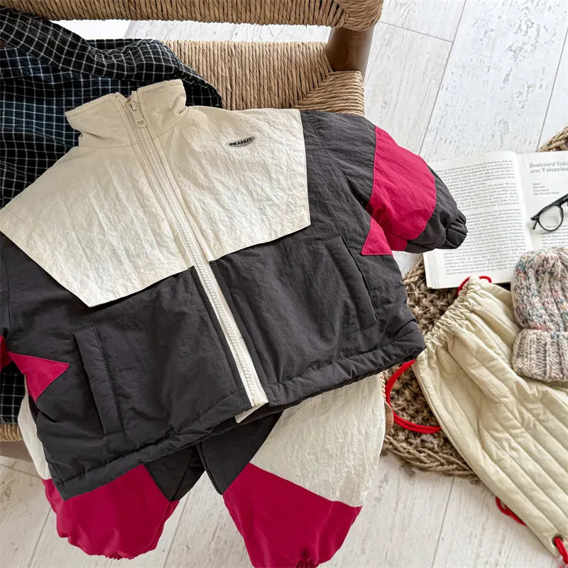 長袖セットアップ Gray / 12M  80CM キッズセットアップ 2点セット パッチワークパデッドスタンドカラージップアップジャケット+スポーツロングパンツ【mh0008319】