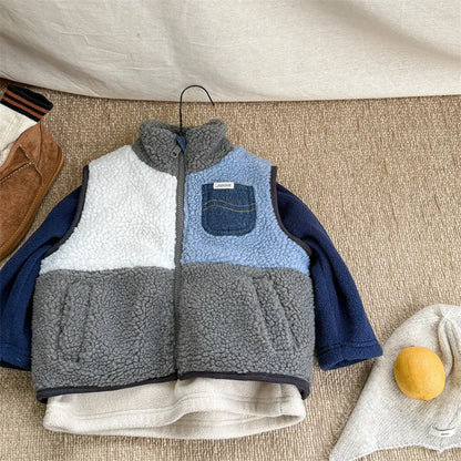 ベスト Gray / 12M  80CM キッズベスト ボアフリースパッチワークジップアップアウターベスト【mh0007931】