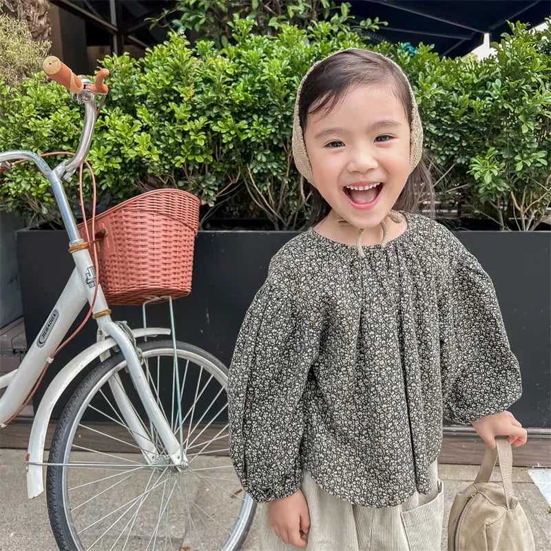 長袖シャツ・ブラウス Gray / 80cm キッズトップス フラワープリント長袖スモックチュニックブラウス 2カラー【mh0007488】