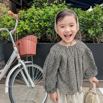 長袖シャツ・ブラウス Gray / 80cm キッズトップス フラワープリント長袖スモックチュニックブラウス 2カラー【mh0007488】