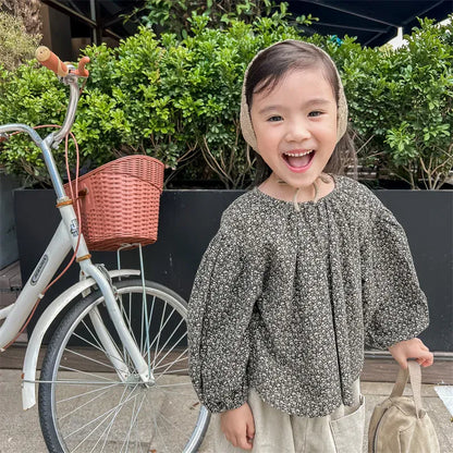 長袖シャツ・ブラウス Gray / 80cm キッズトップス フラワープリント長袖スモックチュニックブラウス 2カラー【mh0007488】