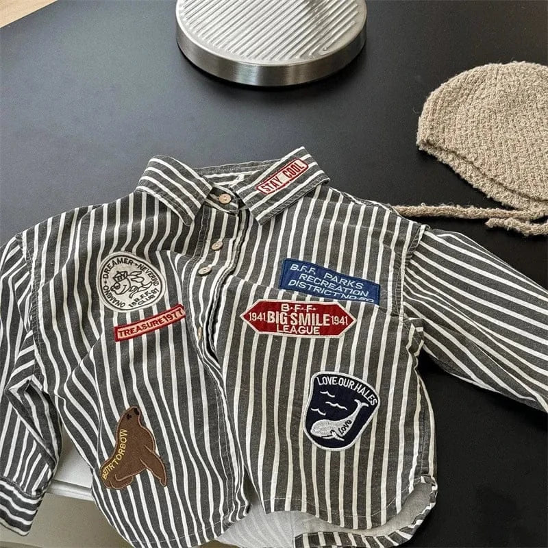 長袖シャツ・ブラウス Gray / 80cm 9-12M キッズトップス ストライプワッペン長袖シャツ 2カラー【mh0007133】