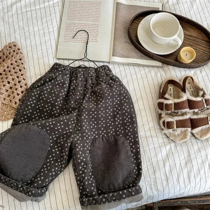 ロングパンツ・スウェットパンツ Gray / 80cm 9-12M キッズパンツ フラワー小花柄膝パッチ裏フリースコーデュロイルーズロングパンツ 2カラー【mh0007616】