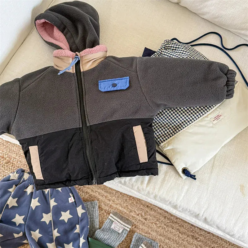 ショートコート・ジャケット・ジャンパー Gray / 80cm 9-12M キッズアウター パッチワークボアフリースフーディジップアップブルゾンジャケット【mh0007664】