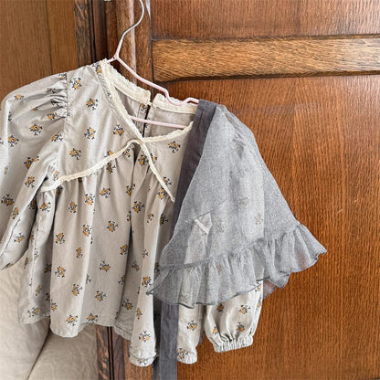 長袖シャツ・ブラウス Gray / 80cm キッズトップス レースフリルフラワープリント/無地長袖パフスリーブブラウス【mh-0008974】