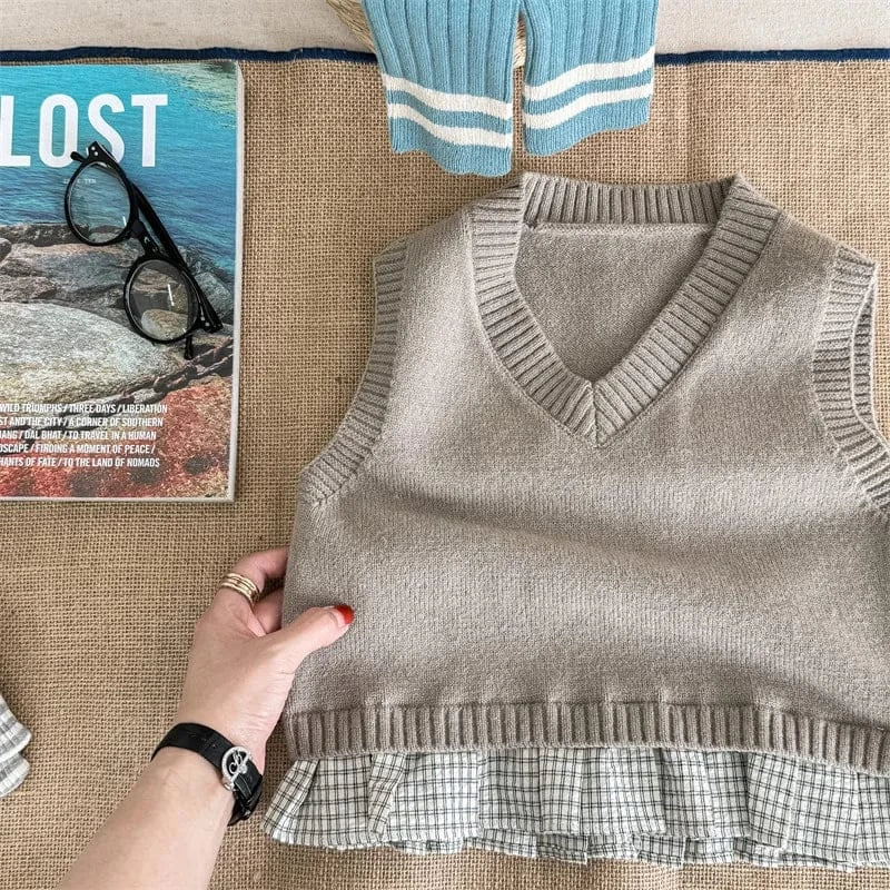 ベスト Gray Apricot / 12M  80CM キッズベスト ニットVネックベスト チェックプリーツペプラム 2カラー【mh0006616】