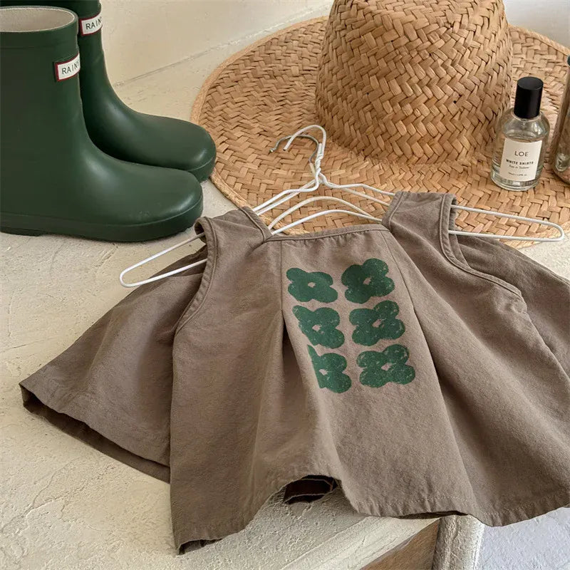 ノースリーブセットアップ Gray Green / 12M (80) キッズセットアップ 2点セット ノースリーブトップス+フレアショートパンツ レトロフラワープリント 2カラー【mh0005814】