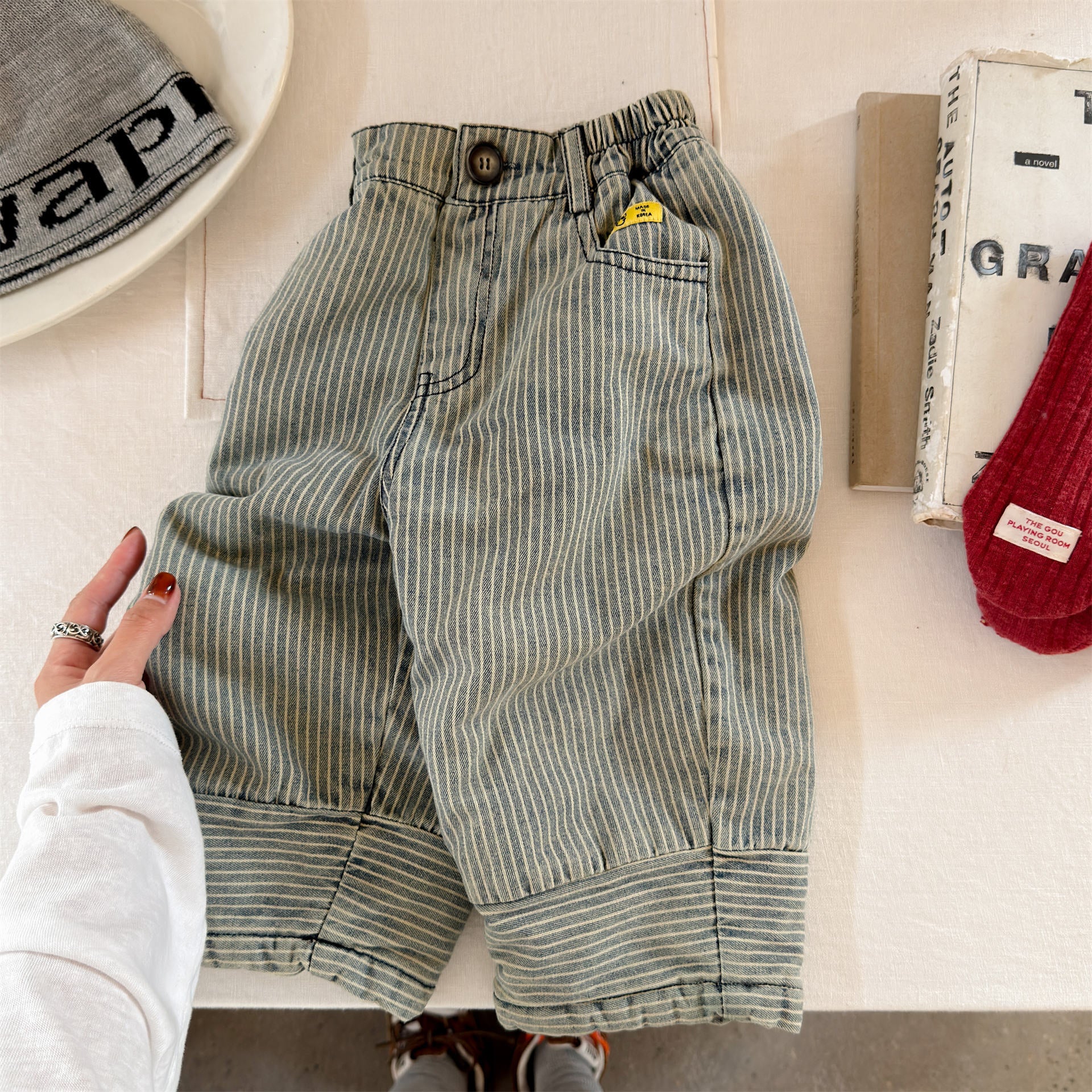 デニムパンツ Gray Green / 80cm 裏ボアデニムパンツ ストライプ 暖パン ジーンズ【mh0011914】