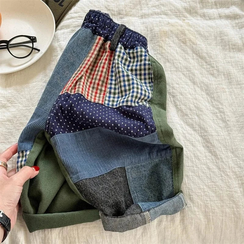 デニムパンツ Green / 12M (80) キッズパンツ 水玉ドットレトロパッチワークルーズワイドデニムパンツ ジーンズジーパン【mh0006749】