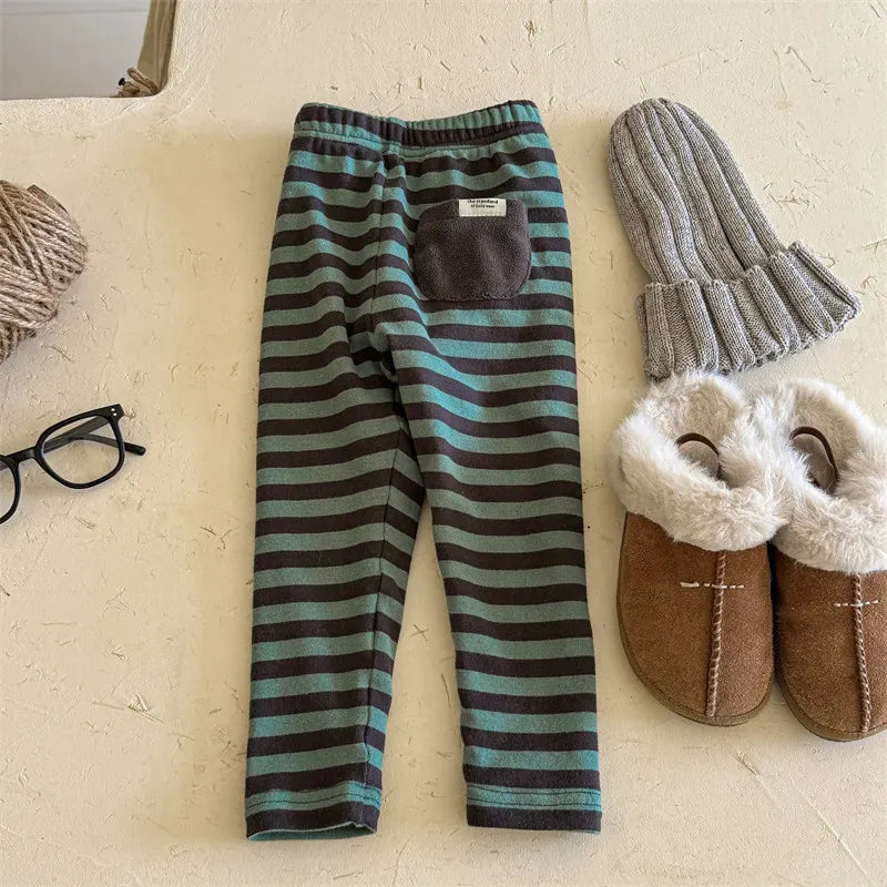 レギンスパンツ Green / 12M (80) キッズパンツ ボーダー裏フリース厚手レギンスパンツ【mh0007619】