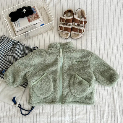 ショートコート・ジャケット・ジャンパー Green / 12M (80) キッズアウター ボアフリースくすみカラージップアップジャケット【mh0007674】