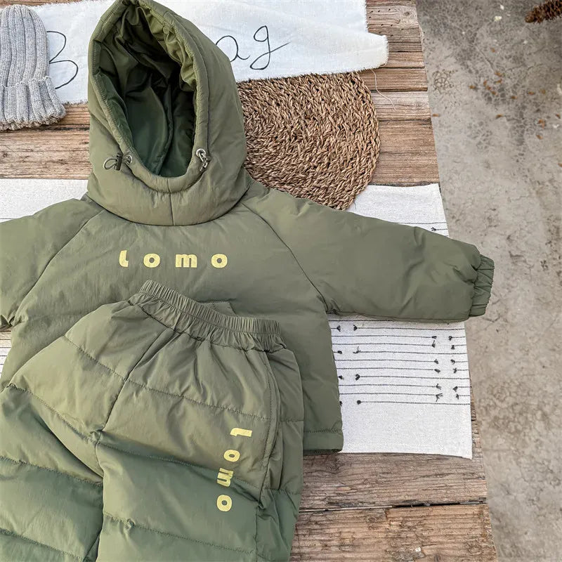 長袖セットアップ Green / 12M  80CM キッズセットアップ 2点セット ダウンフーディプルオーバー+防寒ロングパンツ【mh0008320】