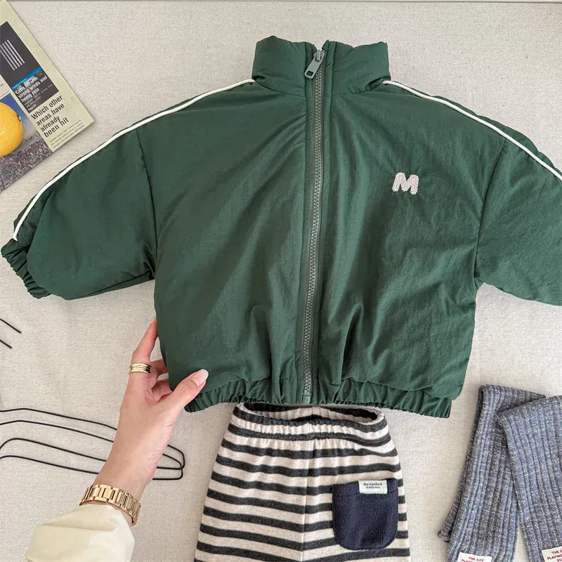 ショートコート・ジャケット・ジャンパー Green / 12M  80CM キッズアウター チェック/無地裏着ワンポイントライン入りパデッドブルゾンジャケット【mh0007930】