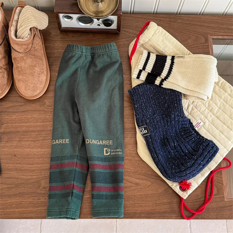 レギンスパンツ Green / 80cm 9-12M キッズパンツ レターロゴボーダープリント裏フリースレギンスパンツ 3カラー【mh0007546】