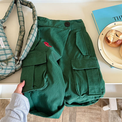 ロングパンツ・スウェットパンツ Green / 80cm ワンポイント刺繍ストライプ/無地ワイドルーズカーゴパンツ【mh0010637】