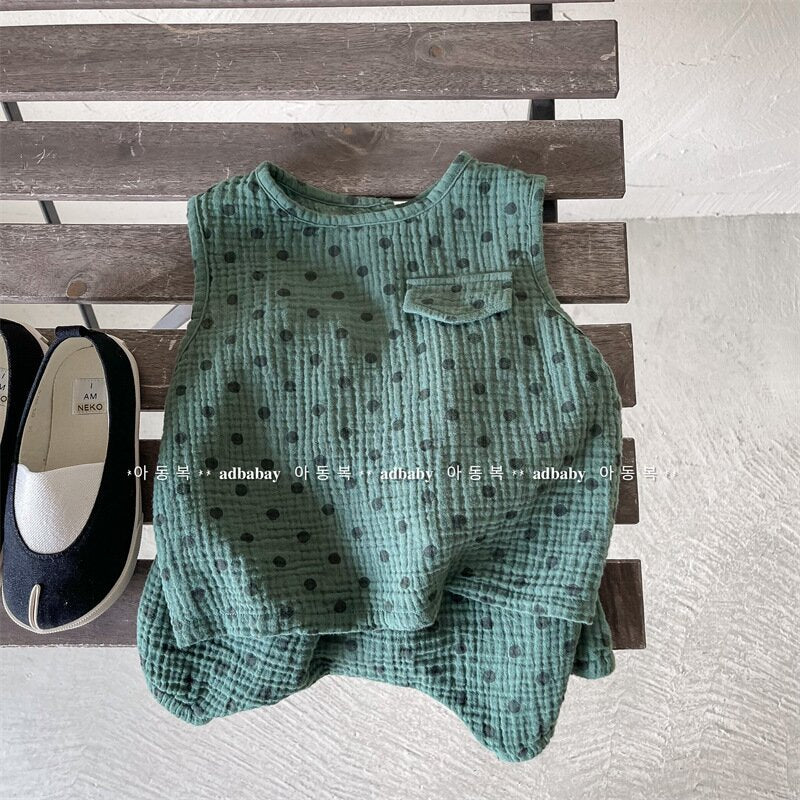 ノースリーブセットアップ Green / 80cm Polka Dot Sleeveless & Shorts Set ドット柄 ノースリーブ セットアップ【mh0012141】
