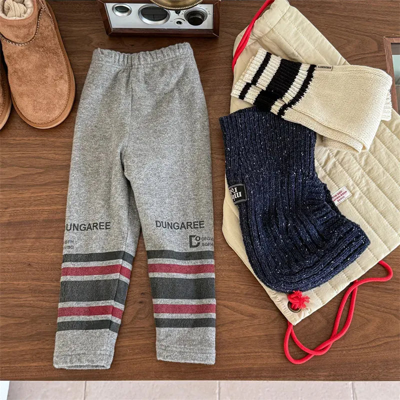 レギンスパンツ Grey / 80cm 9-12M キッズパンツ レターロゴボーダープリント裏フリースレギンスパンツ 3カラー【mh0007546】