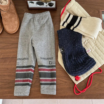 レギンスパンツ Grey / 80cm 9-12M キッズパンツ レターロゴボーダープリント裏フリースレギンスパンツ 3カラー【mh0007546】