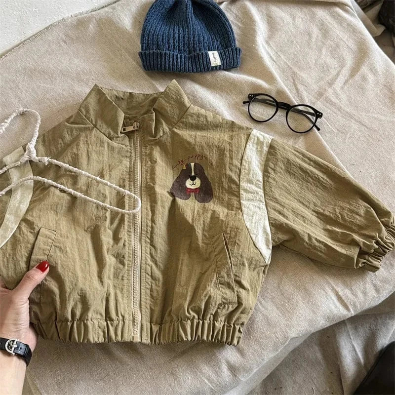 ショートコート・ジャケット・ジャンパー Khaki / 100cm 2-3y キッズアウター パッチワーク切り替え犬ドッグジップアップブルゾンジャケット 2カラー【mh0007485】