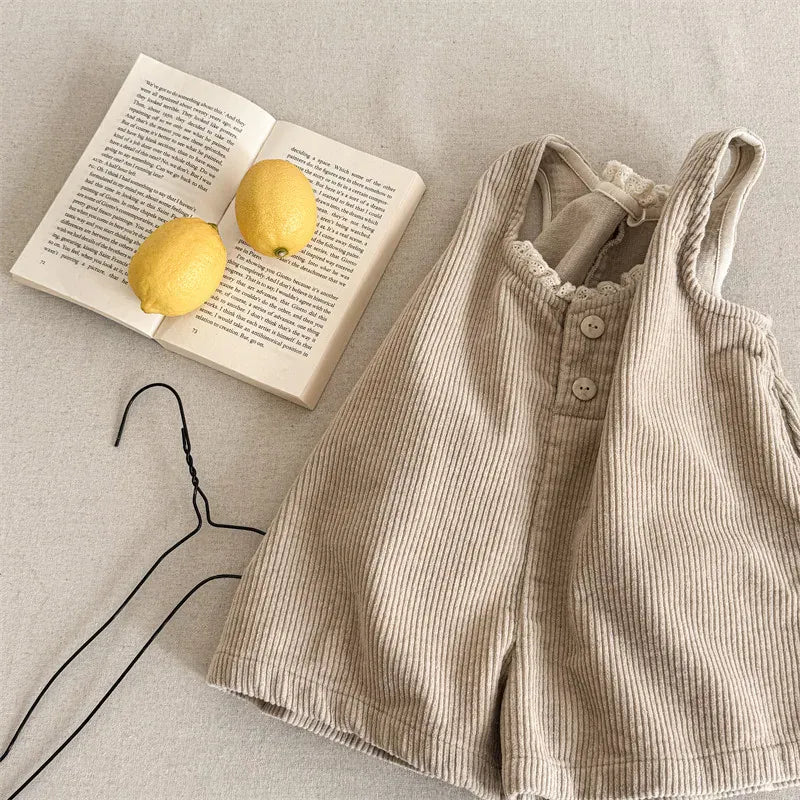 ノースリーブジャンプスーツ Khaki / 12M (80) キッズジャンプスーツ レースフリルコーデュロイノースリーブワイドジャンプスーツ【mh0008629】