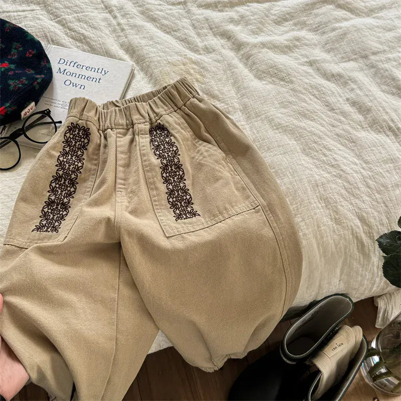 ロングパンツ・スウェットパンツ Khaki / 12M  80CM キッズパンツ レース刺繍 ルーズロングパンツ 2カラー【mh0006576】