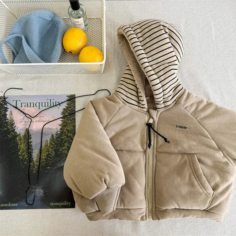 ショートコート・ジャケット・ジャンパー Khaki / 12M  80CM キッズアウター ボーダーフーディパデッドブルゾンジャケット【mh0007962】