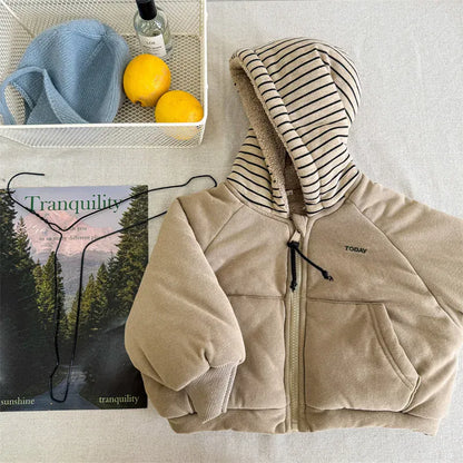 ショートコート・ジャケット・ジャンパー Khaki / 12M  80CM キッズアウター ボーダーフーディパデッドブルゾンジャケット【mh0007962】