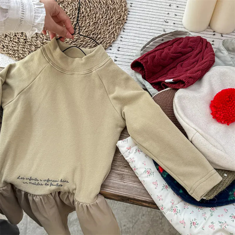 長袖ワンピース Khaki / 12M  80CM キッズワンピース ハイネックレターロゴプリントドッキング長袖ワンピース【mh0008281】