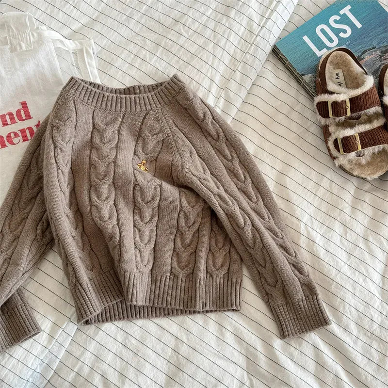 ニット・セーター Khaki / 12M  80CM キッズトップス アランニットケーブル編みベアくま刺繍長袖セーター【mh0008454】