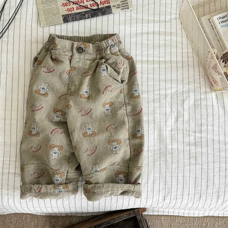 ロングパンツ・スウェットパンツ Khaki / 12M  80CM キッズパンツ 犬ドッグプリント裏フリースロングルーズパンツ【mh0008463】
