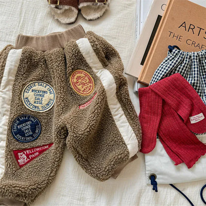 ロングパンツ・スウェットパンツ Khaki / 12M  80CM キッズパンツ ワッペンサイドラインボアフリースロングパンツ【mh0008475】