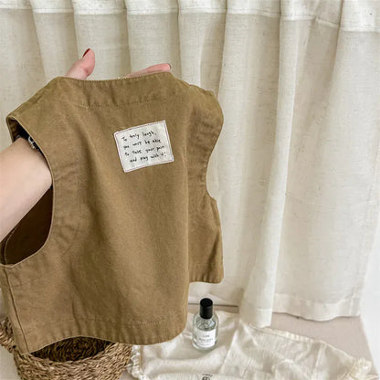 ベスト Khaki / 12M  80CM キッズベスト Vネックノースリーブジャケット 2カラー【mh0006586】