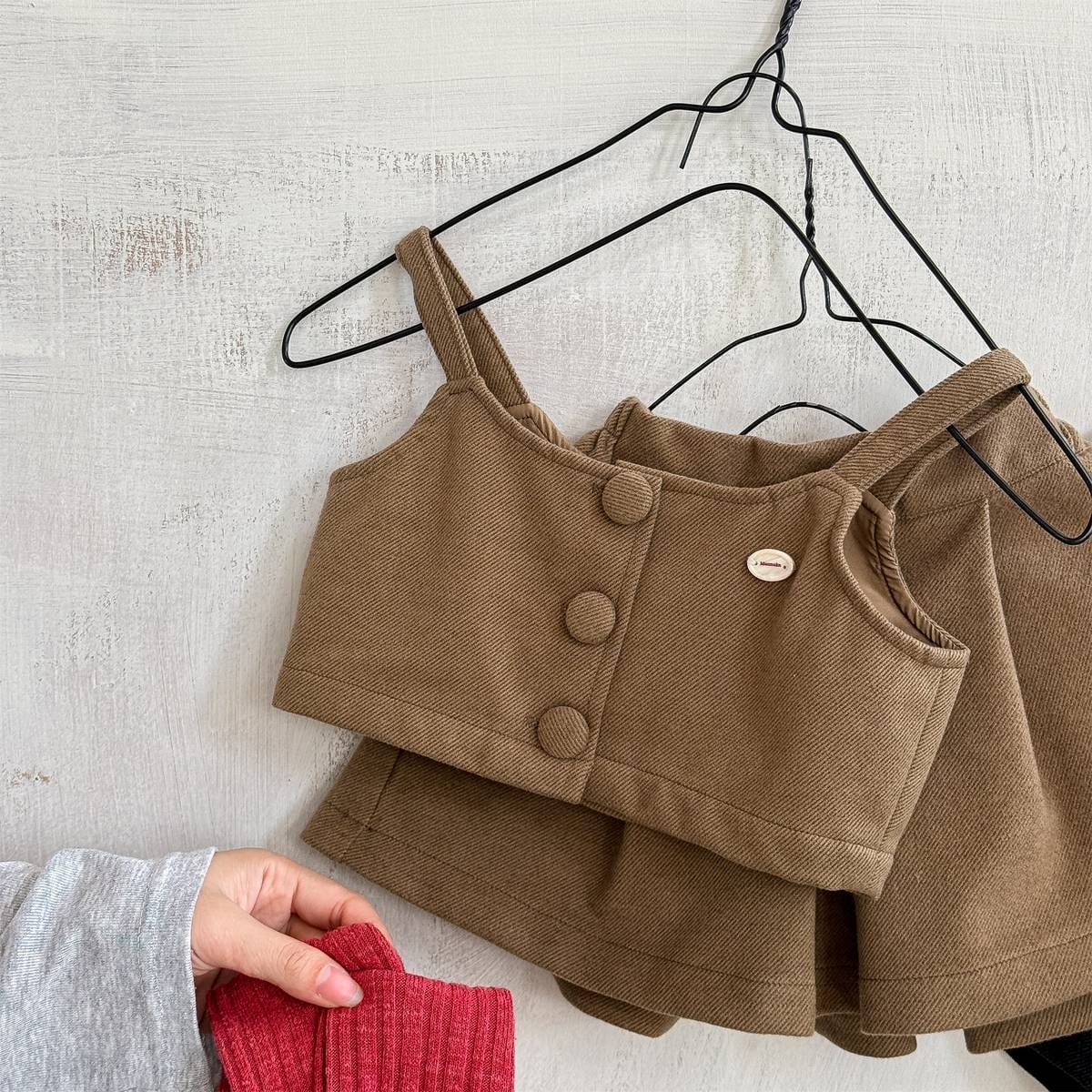ノースリーブセットアップ Khaki / 80cm キャミソールトップス+スカートセットアップ 2点セット ウール調素材【mh0011413】