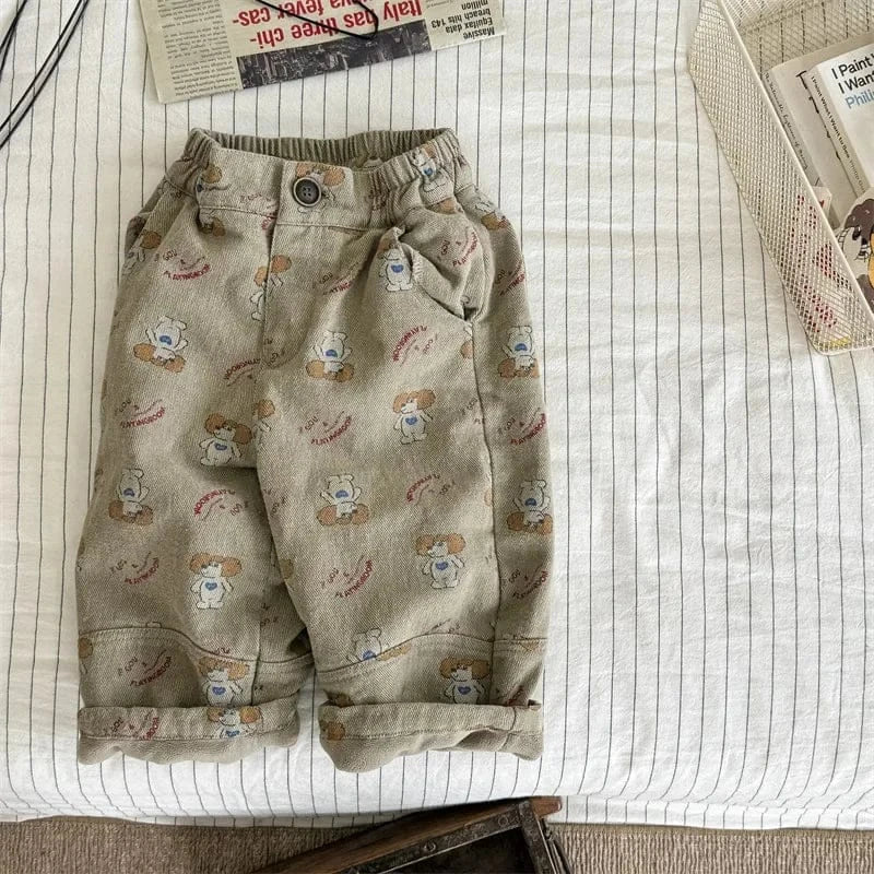 ロングパンツ・スウェットパンツ Khaki / 80cm 9-12M キッズパンツ レトロアニマルプリント裏フリースロングルーズパンツ 2カラー【mh0007563】