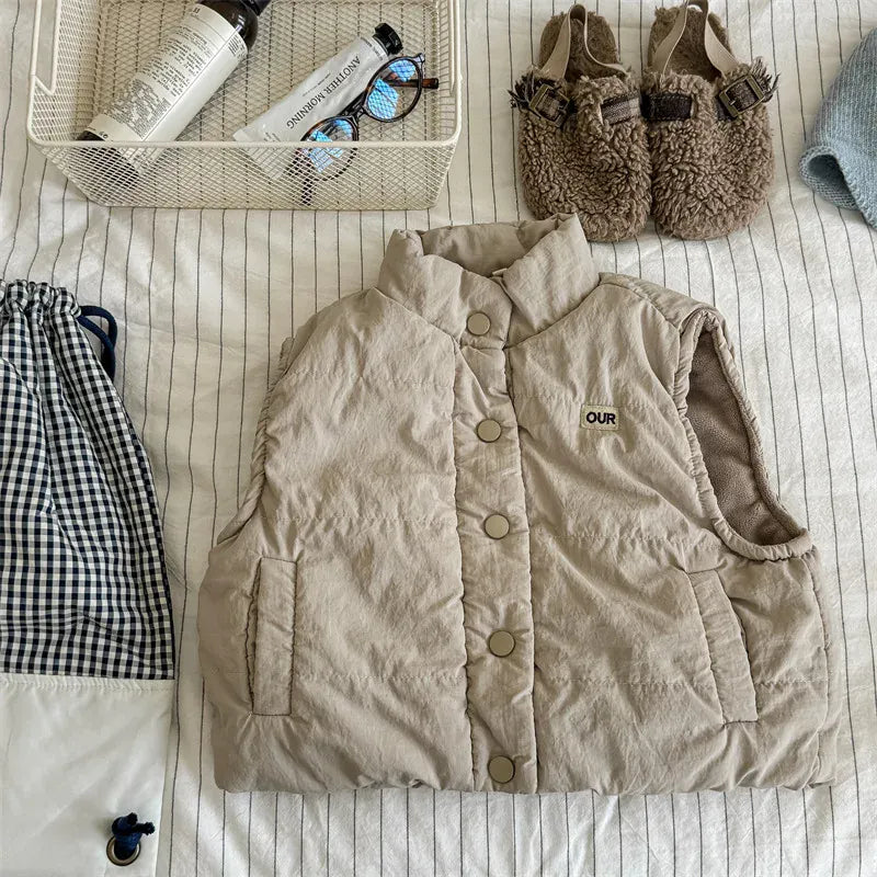 ベスト Khaki / 80cm キッズベスト 裏フリーススタンドカラーフロントオープンアウターベスト【mh0007675】