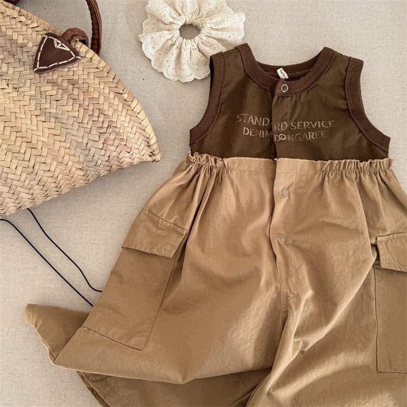 ノースリーブジャンプスーツ Khaki / 80cm キッズジャンプスーツ レターロゴプリントノースリーブドッキングジャンプスーツ【mh0009017】