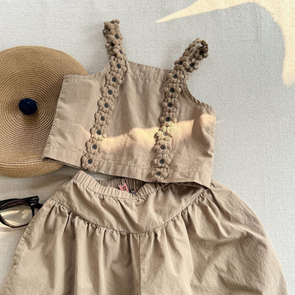 ノースリーブセットアップ Khaki / 80cm フラワーストラップキャミソール+ワイドルーズパンツ【mh0009547】