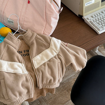 ショートコート・ジャケット・ジャンパー Khaki / 80cm バイカラージップアップフリースジャケットブルゾン裏起毛防寒アウター【mh0010912】