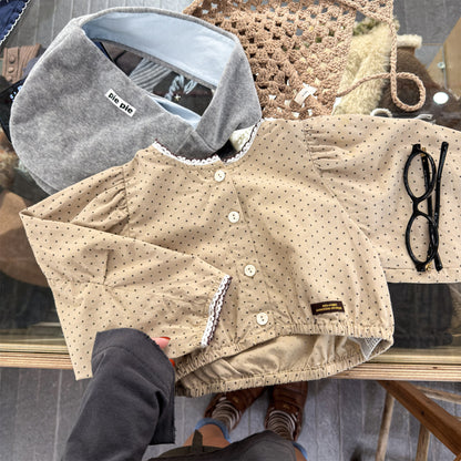 長袖シャツ・ブラウス Khaki / 80cm Polka Dot Lace Puff Sleeve Shirt ドット柄 レース パフスリーブ シャツ【mh0011950】