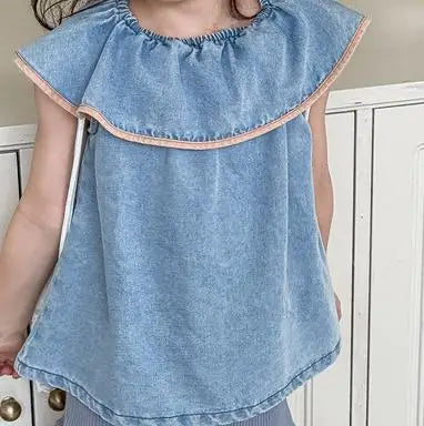 タンクトップ・キャミソール・ノースリーブトップス Light Blue / 12M  80CM キッズトップス デニム ビッグサークル襟 ノースリーブブラウス 2カラー【mh0005437】