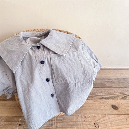 半袖シャツ・ブラウス Light Blue / 80cm Embroidered Large Lapel Linen Shirt 刺繍 ビッグカラー リネンシャツ【mh0011998】