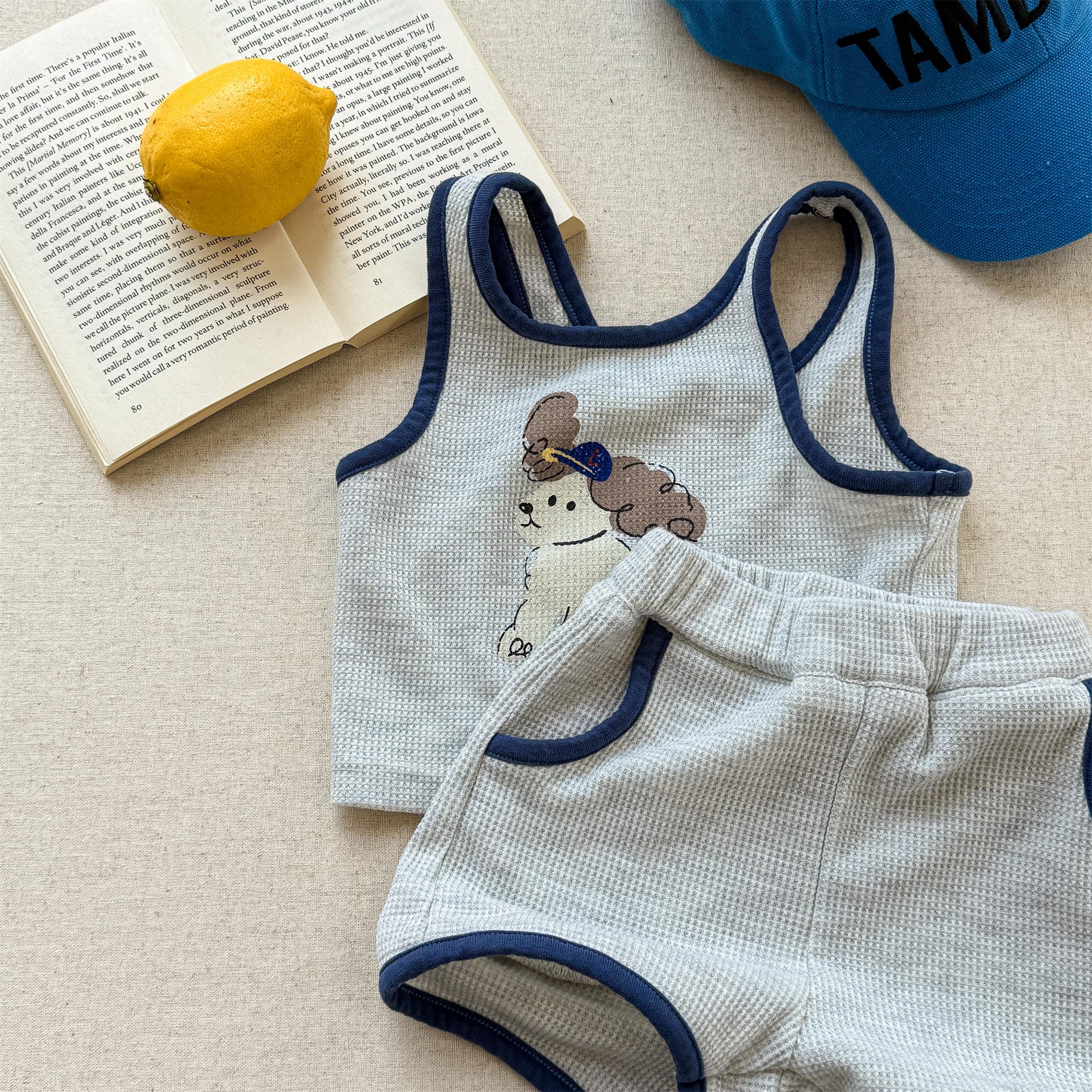 ノースリーブセットアップ Light Gray / 80cm プリントロゴバイピングタンクトップ+ショートパンツセットアップ 2点セット【mh0009786】