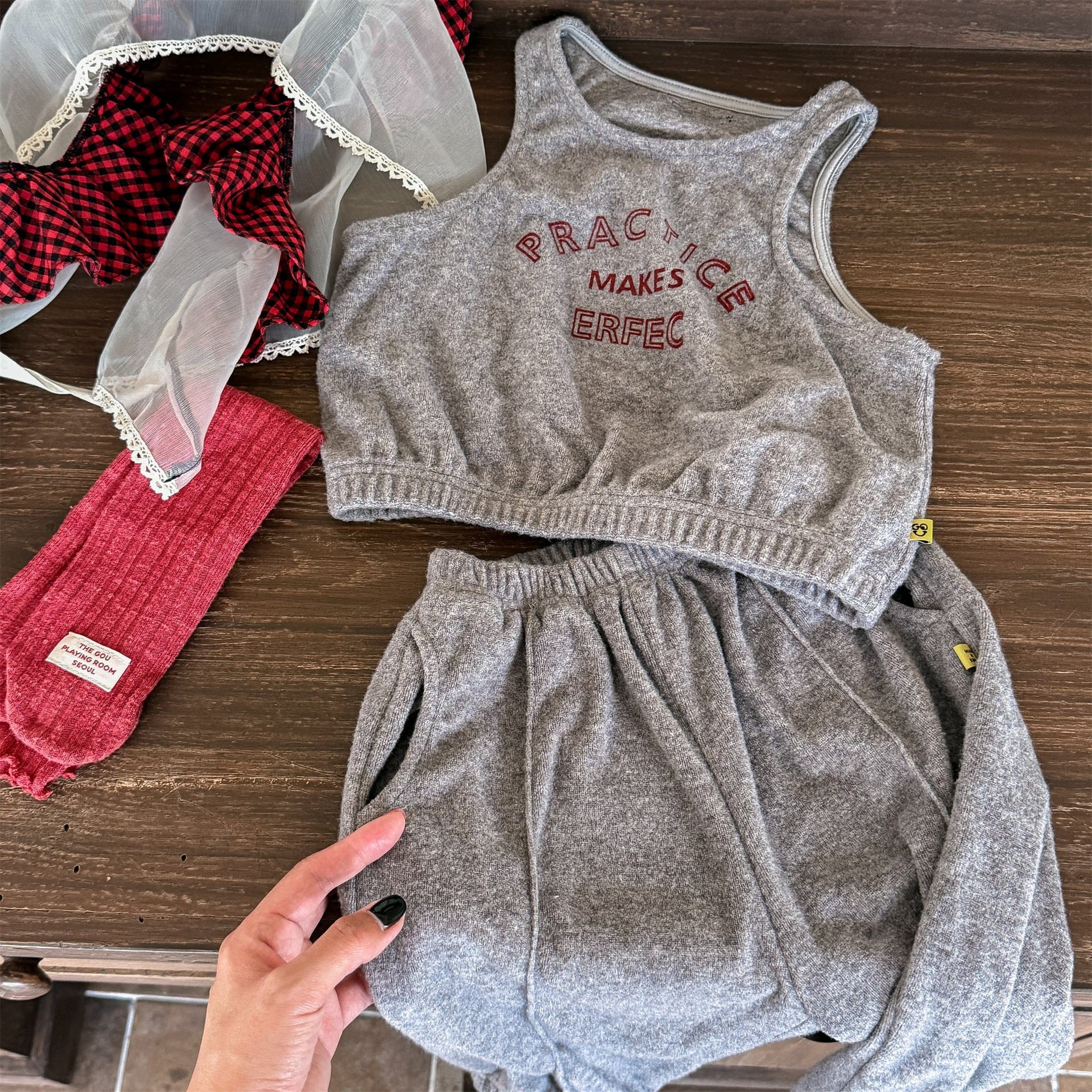 ノースリーブセットアップ Light Gray / 80cm ロゴ入りクロップドベスト+スウェットパンツセットアップ 2点セット【mh0010916】