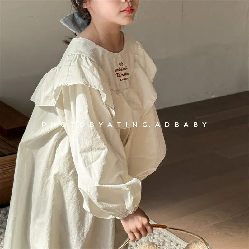 長袖ワンピース キッズワンピース ストライプ/無地レターロゴ刺繍フリル長袖ワンピース【mh-0008626】