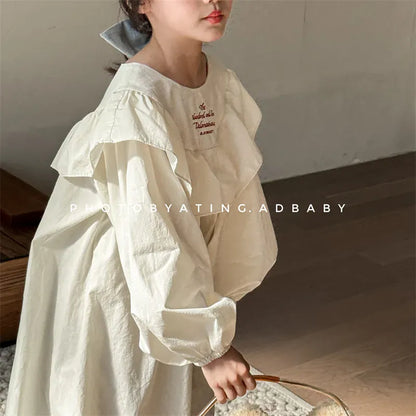 長袖ワンピース キッズワンピース ストライプ/無地レターロゴ刺繍フリル長袖ワンピース【mh-0008626】