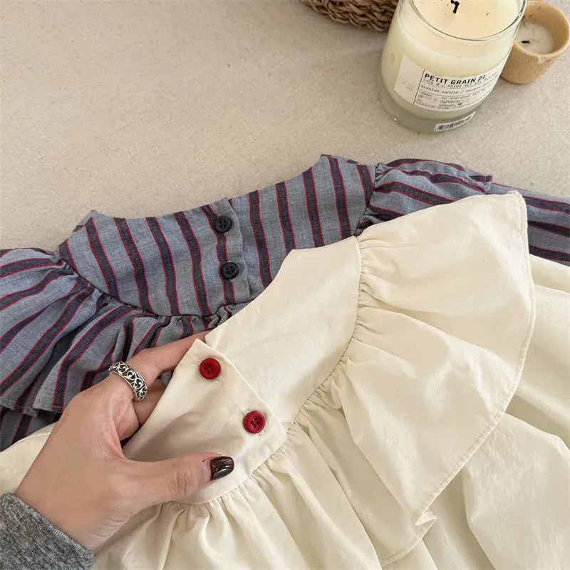 長袖ワンピース キッズワンピース ストライプ/無地レターロゴ刺繍フリル長袖ワンピース【mh-0008626】