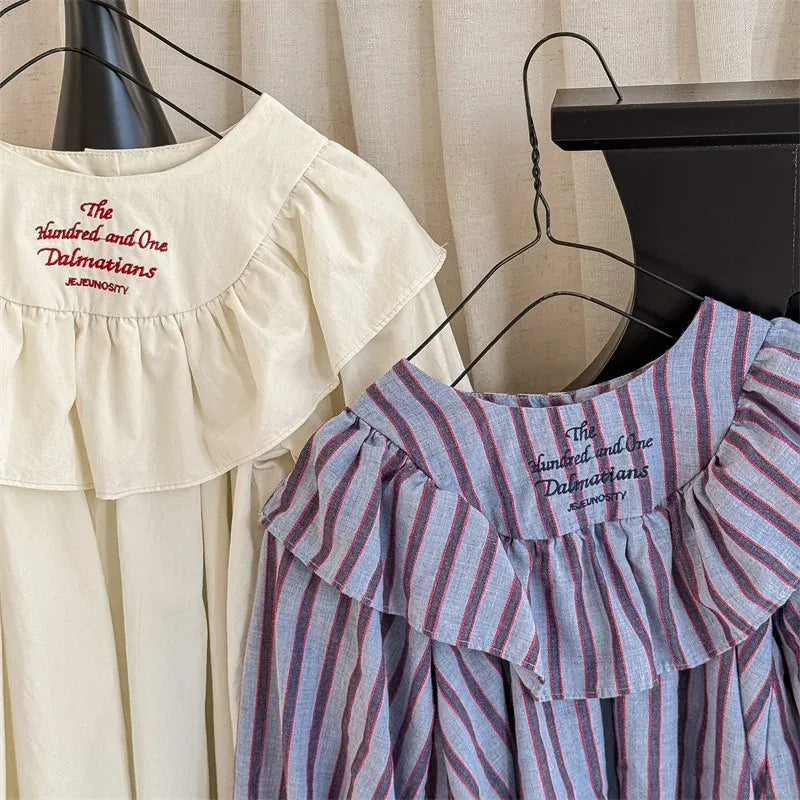 長袖ワンピース キッズワンピース ストライプ/無地レターロゴ刺繍フリル長袖ワンピース【mh-0008626】