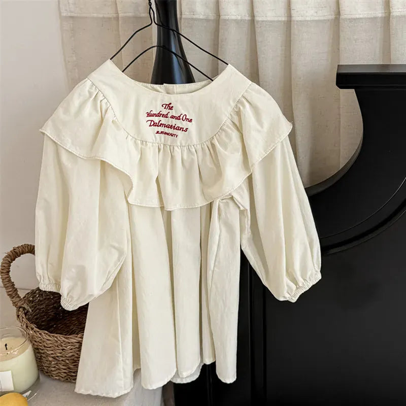 長袖ワンピース キッズワンピース ストライプ/無地レターロゴ刺繍フリル長袖ワンピース【mh-0008626】