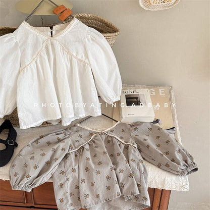 長袖シャツ・ブラウス キッズトップス レースフリルフラワープリント/無地長袖パフスリーブブラウス【mh-0008974】